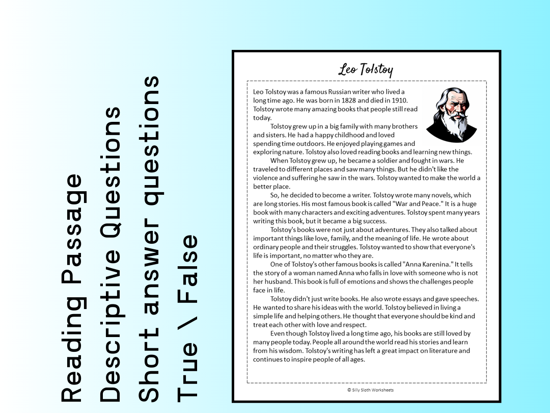 Leo Tolstoy Biography Reading Comprehension Passage Printable Worksheet