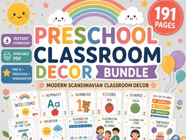 Pre-K & Kindergarten Classroom Decor Bundle Back to School, Modern Rainbow Decor