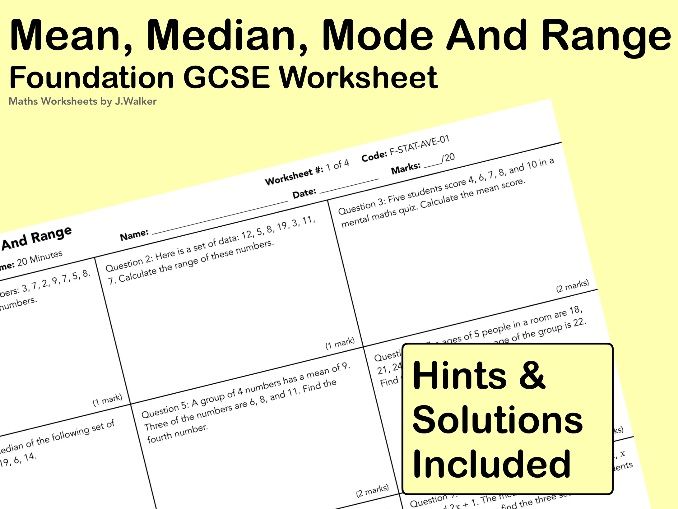 GCSE Maths Worksheet: Mean, Median, Mode And Range - Foundation Tier