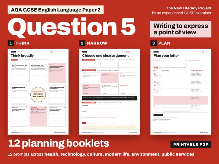 AQA GCSE English Language Paper 2 Question 5 Viewpoint Writing Planning Booklets