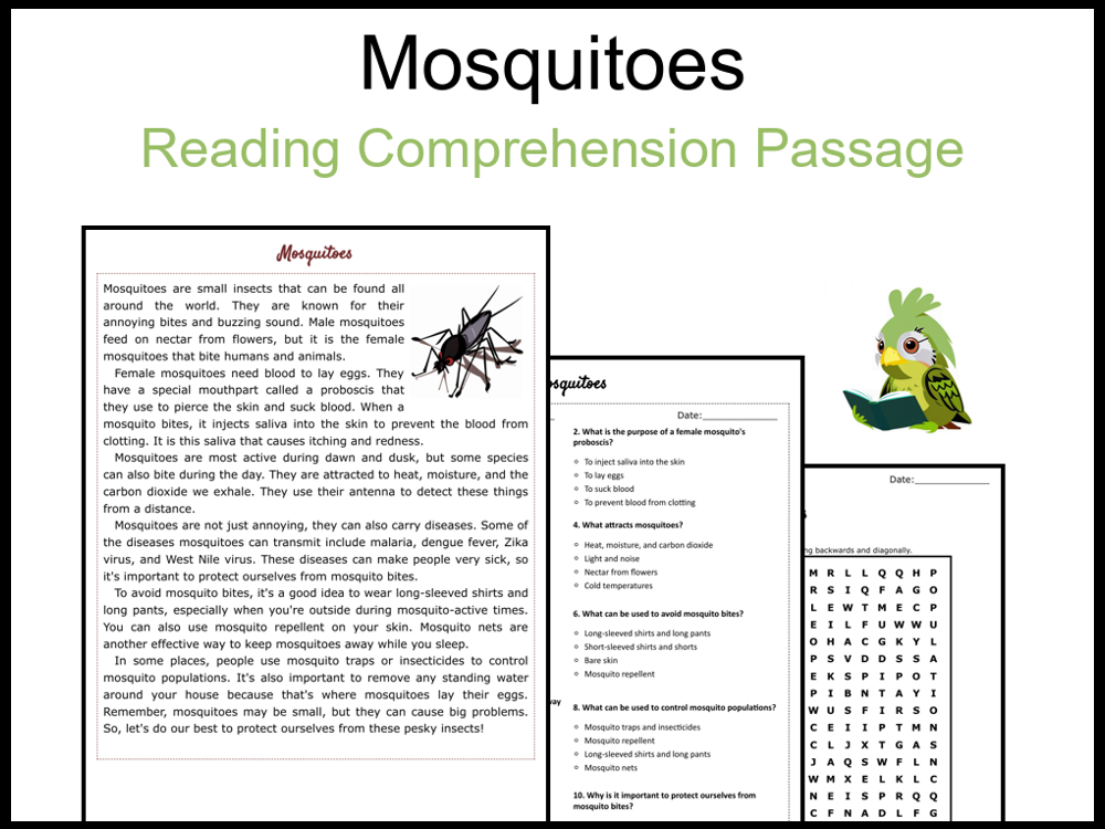 Mosquitoes Reading Comprehension and Word Search | Teaching Resources
