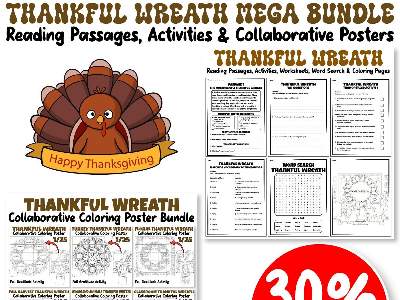 Thankful Wreath MEGA Bundle: Reading Passages, Activities & Collaborative Posters