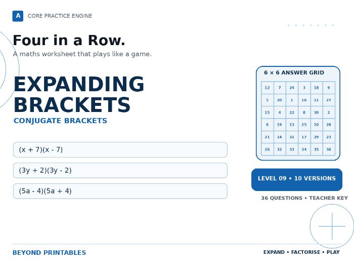 Expanding Brackets Four in a Row | (x + 7)(x - 7) : Level 09 | 10 Maths Games