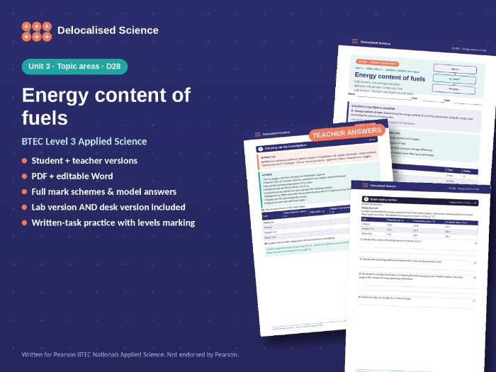 BTEC Applied Science Unit 3: Energy content of fuels (D28) - worksheet + answers