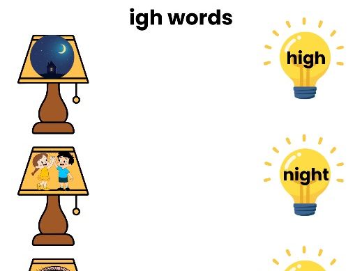 Phase 3 IGH Digraph Worksheet – Match the Picture to the Word (Lamp & Bulb)