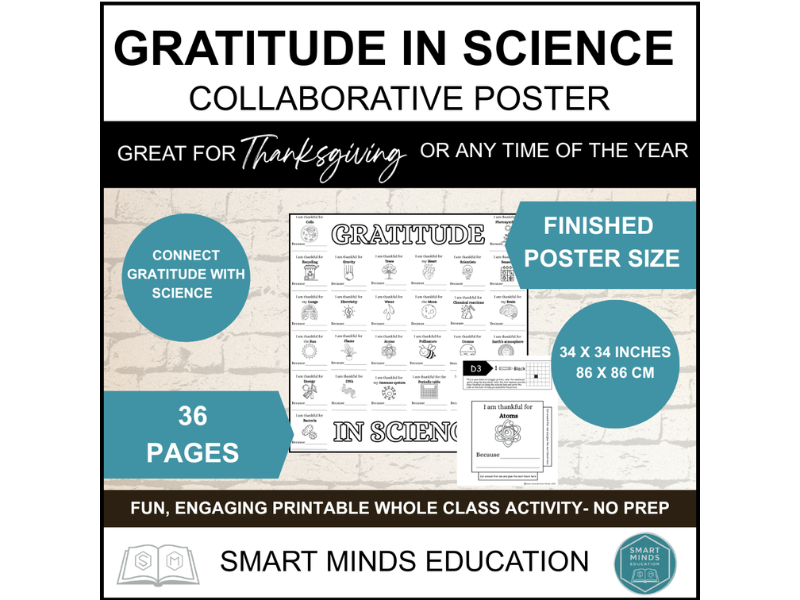 GRATITUDE IN SCIENCE COLLABORATIVE POSTER | SCIENCE CLASSROOM DECOR | THANKSGIVING