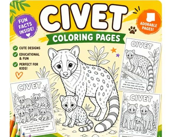Civet Coloring Pages for Kids | Fun Coloring Activity with Did You Know facts.