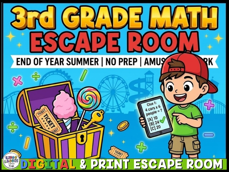 Year 4 KS2 Maths Escape Room: End of Year Summer Amusement Park Fun No Prep Revision Activities