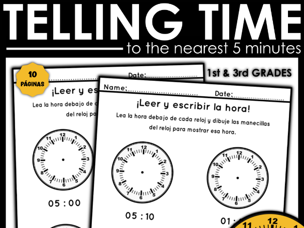 Telling Time in Spanish - La Hora Worksheets | Nearest 5 Minutes | KS1 KS2 MFL Maths