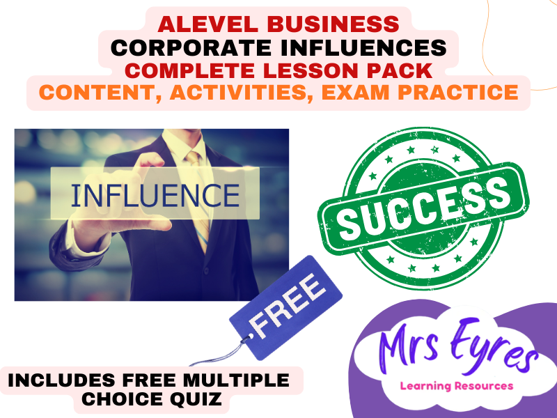 A Level Business 3.4.1 Corporate Influences Complete Lesson Pack plus Free MCQ Quiz **