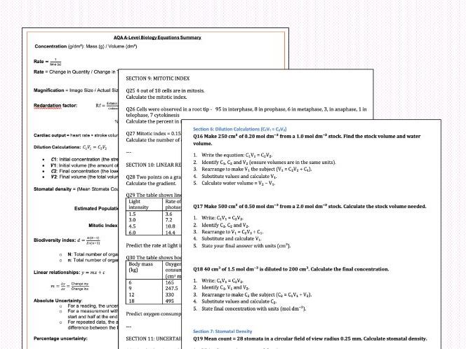 A Level Biology Maths Equations Key Skills & Question Revision Pack