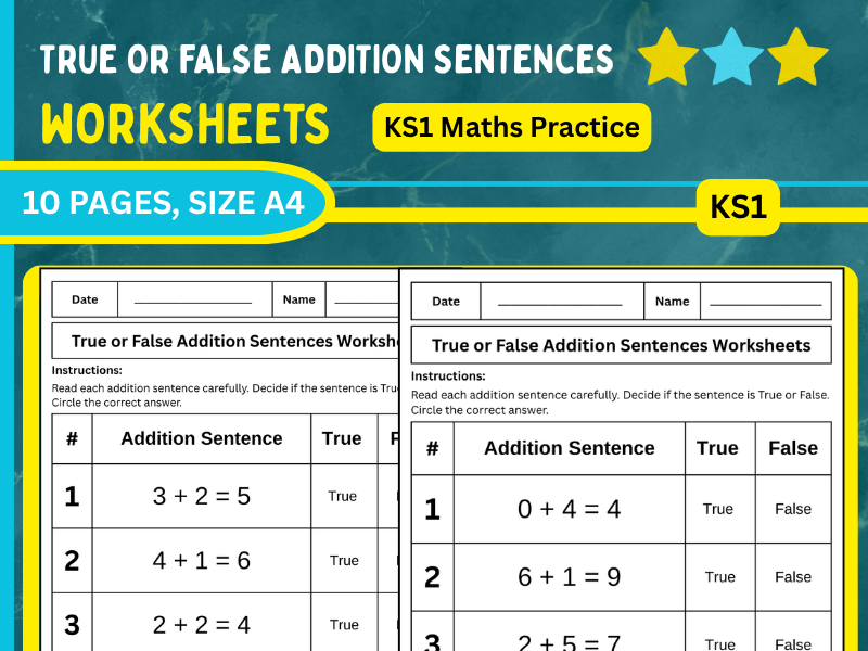True or False Addition Sentences Worksheets | KS1 Maths Practice