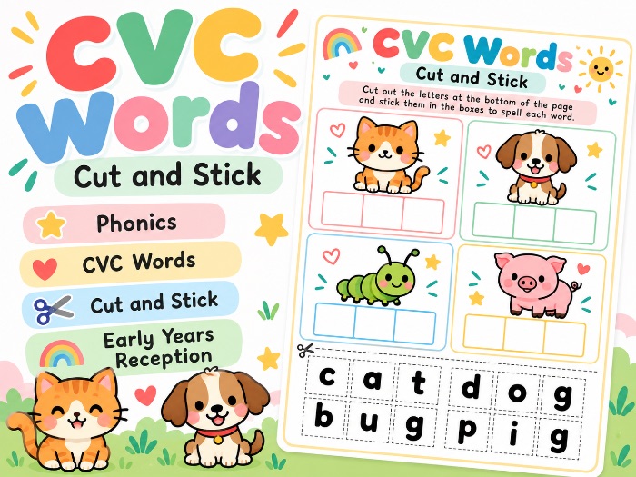CVC Words Cut and Stick | Phonics Activity | Early Years and Reception