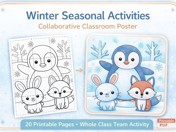 Winter Seasonal Activities  Collaborative Coloring Poster (20 Pieces)  Whole Class Team Activity