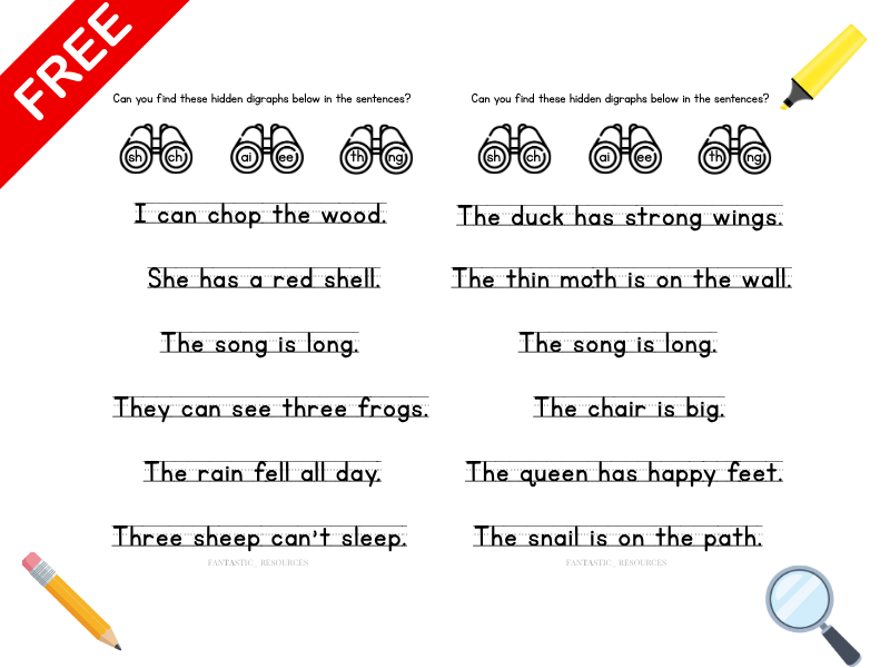 FREE Phase 3 Phonics Hidden Digraph Sentences | KS1 Phonics Worksheets | Find & Highlight Digraphs