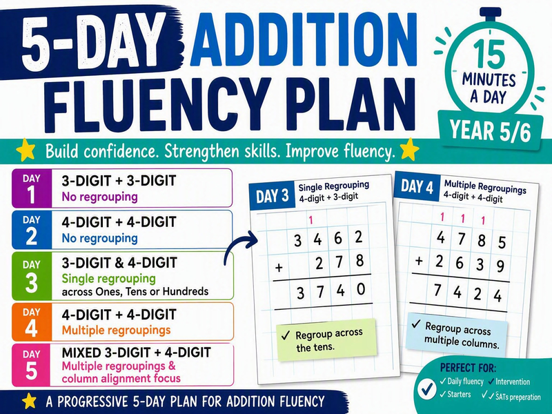 UKS2 Addition Fluency: 5-Day Progressive Addition Sequence