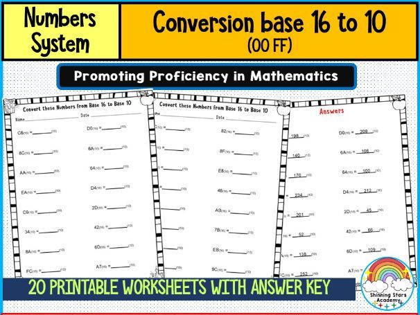 Conversion Base 16 to 10 (00–FF) Number System WorksheetsHexadecimal to Decimal Conversion Practice