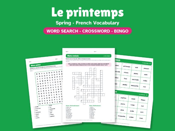 Spring in French: Word Search, Crossword & Bingo