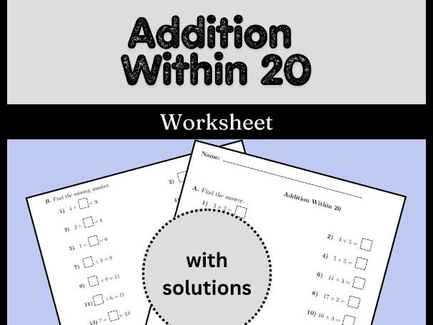 Addition Within 20 Worksheet (with solutions)