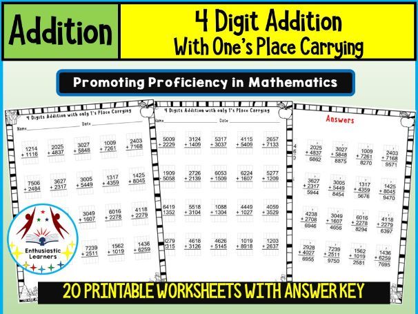 4-Digit Addition with One’s Place Carrying (Regrouping) Worksheets – Practice Activity