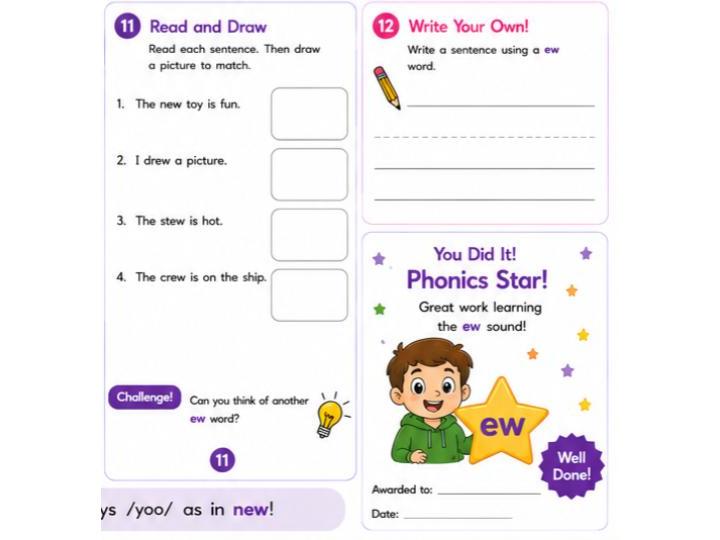 ew 'as in threw' phonic continuous provision activity pack