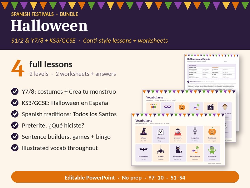 Halloween Spanish Bundle, Conti Style: 4 Lessons + 2 Worksheets (KS3/GCSE)