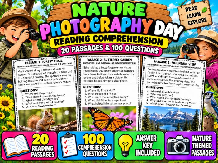 Nature Photography Day Reading Comprehension | 20 Passages & 100 Questions