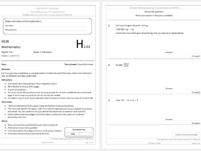 GCSE Higher Mathematics Exam Paper 2 Calculator [G-HM-EP2-01] - Questions