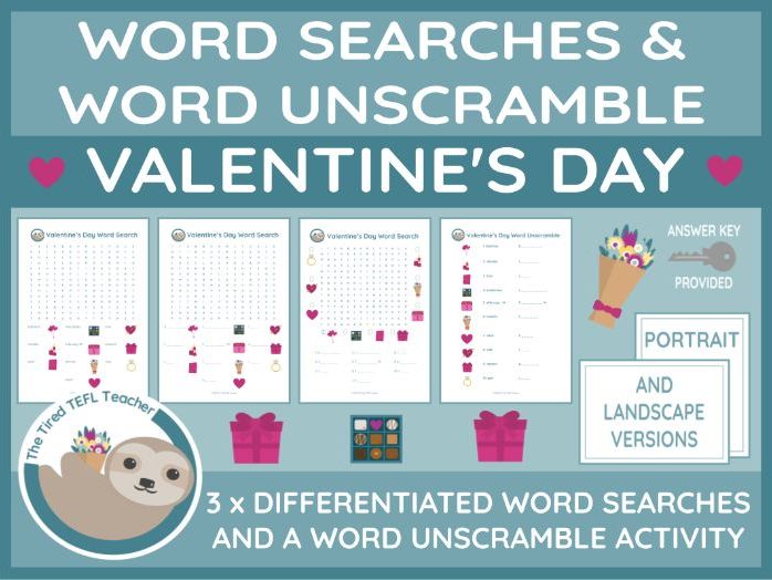 ESL Valentine's Day Differentiated Word Searches and Word Unscramble