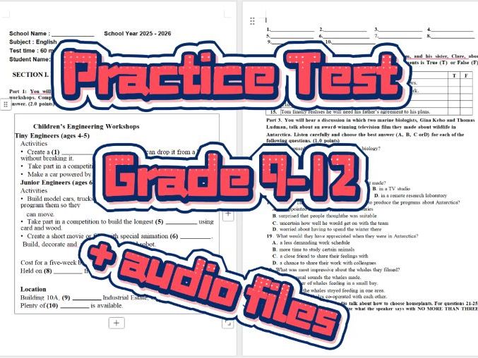 Complete English Exam: Listening, Grammar, Reading & Writing