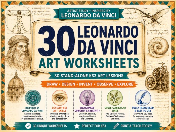Leonardo da Vinci Art Worksheets – 30 KS3 Artist Study, Drawing, Design & Invention Activities