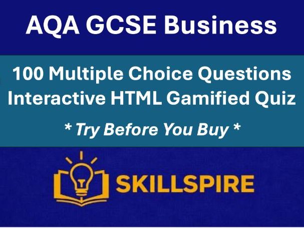 AQA GCSE Business RevisionQuest | Gamified HTML Quiz | 100 Multiple Choice Questions | 8 Topics