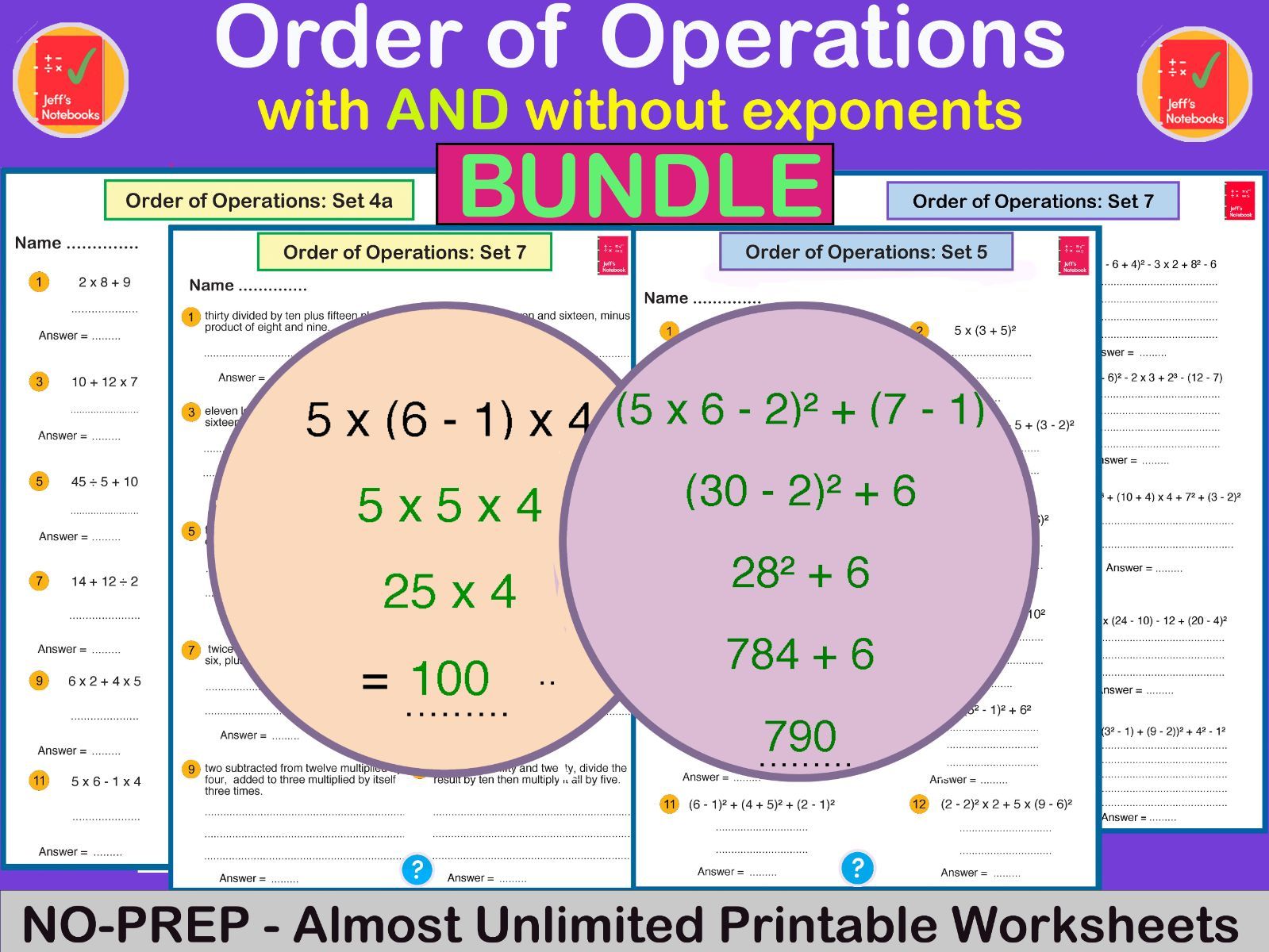 Order of Operations with & without Exponents - BUNDLE