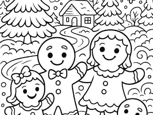 Gingerbread Family Christmas Winter Holidays Colouring Sheet