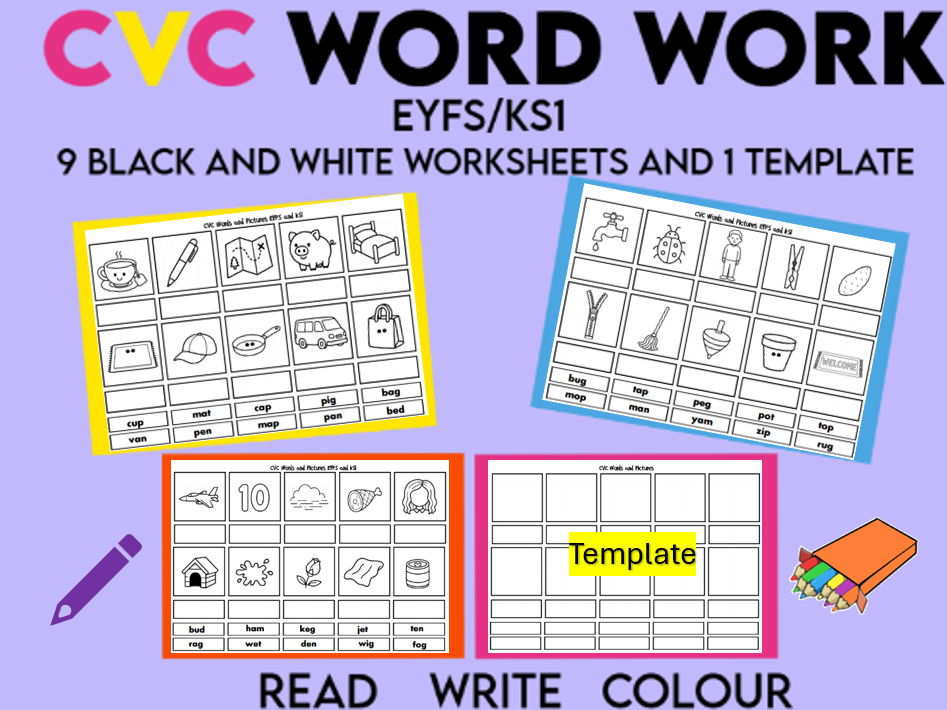 10 CVC Word Work Worksheets EYFS and KS1