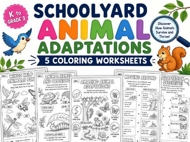 Schoolyard Animal Adaptations | 5 Coloring Worksheets | K–Grade 3