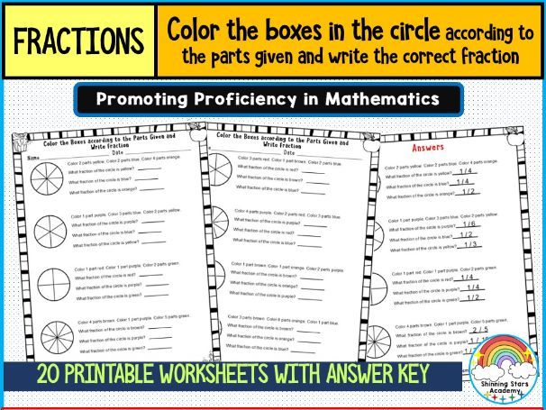 Color the Boxes in the Circle According to the Parts Given & Write the Correct Fraction Worksheets |