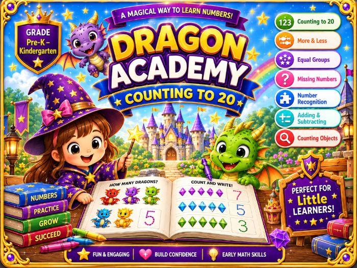 Dragon Academy Counting to 20 Worksheets Pre-K & K | Number Recognition & Number Sense Activities