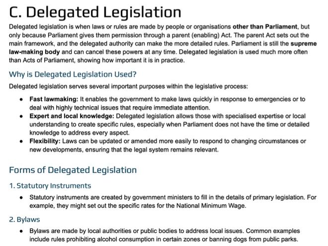 A-Level Law - Delegated Legislation Teaching/Revision Notes (WJEC/Eduqas/OCR/AQA)
