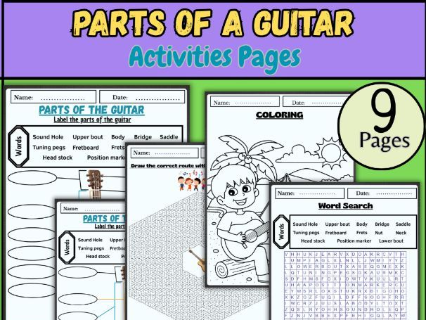 Parts of a guitar/Guitar labeling worksheet/Music instrument diagram