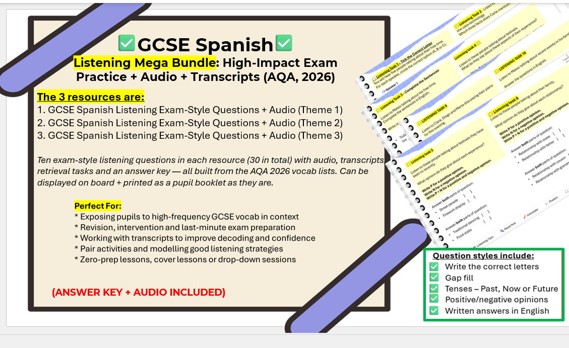 GCSE Spanish Listening Mega Bundle: High‑Impact Exam Practice + Audio + Transcripts (AQA, 2026)