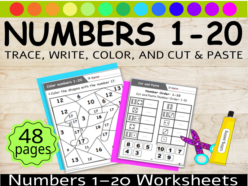 Trace, Write, Color, and Cut & Paste Numbers 1–20 Worksheets