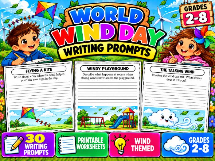 World Wind Day Writing Prompts | 30 Printable Worksheets | Grades 2–8