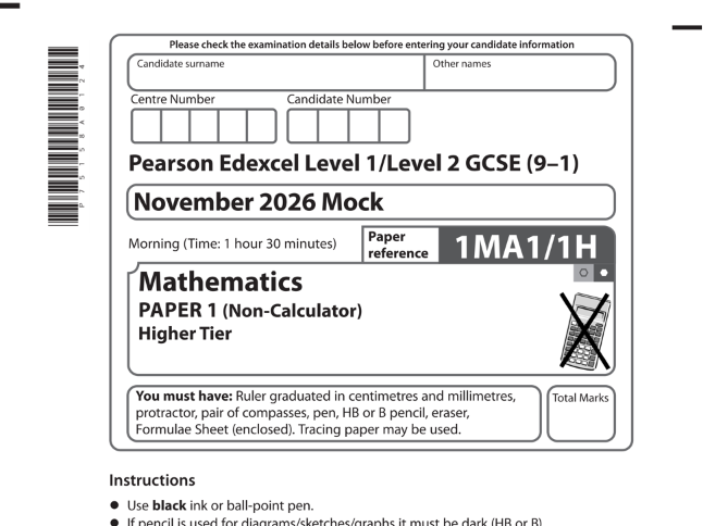 GCSE maths Paper 1 2026/27 November Mock EDEXCEL