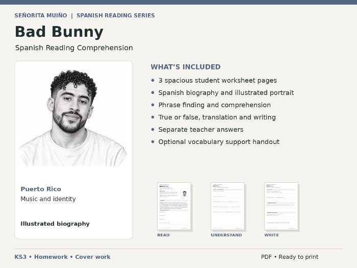 Bad Bunny | KS3 Spanish Reading Comprehension - Homework & Cover