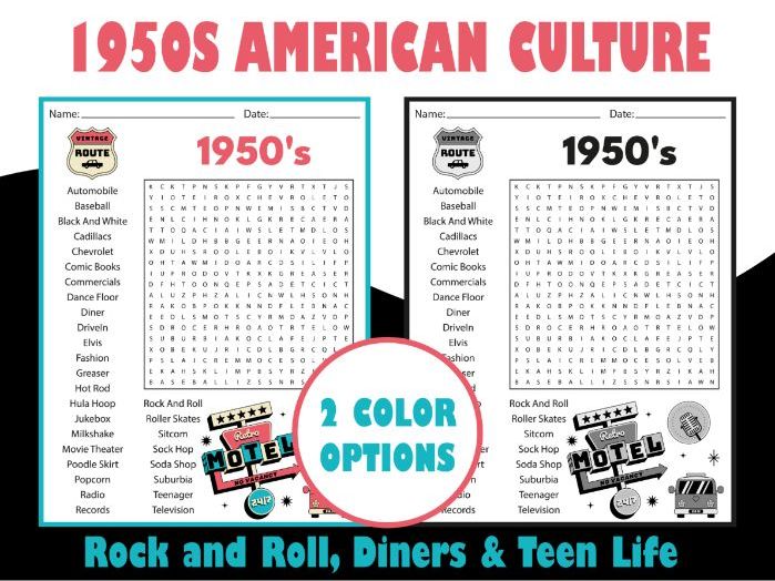 1950s American Culture Word Search Puzzle | Rock and Roll, Diners & Teen Life Activty