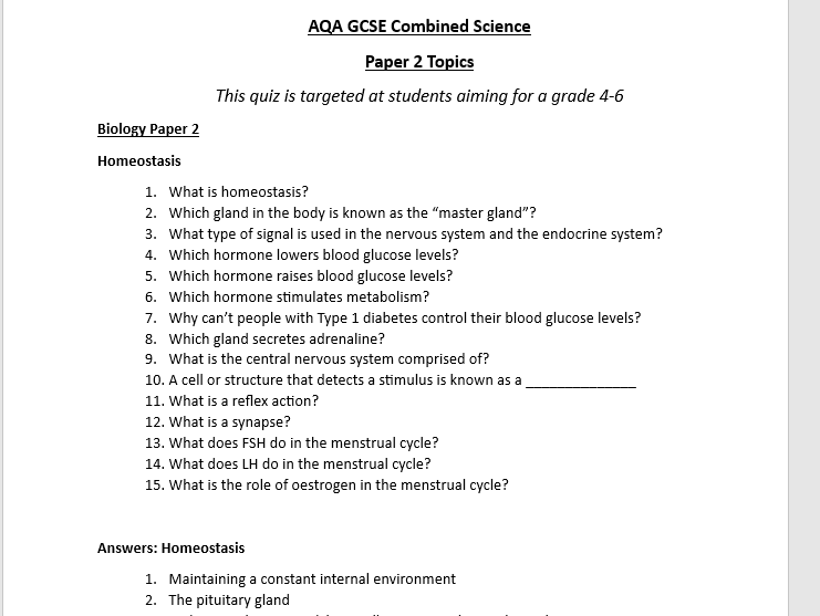AQA GCSE Combined Science Quiz Paper 2