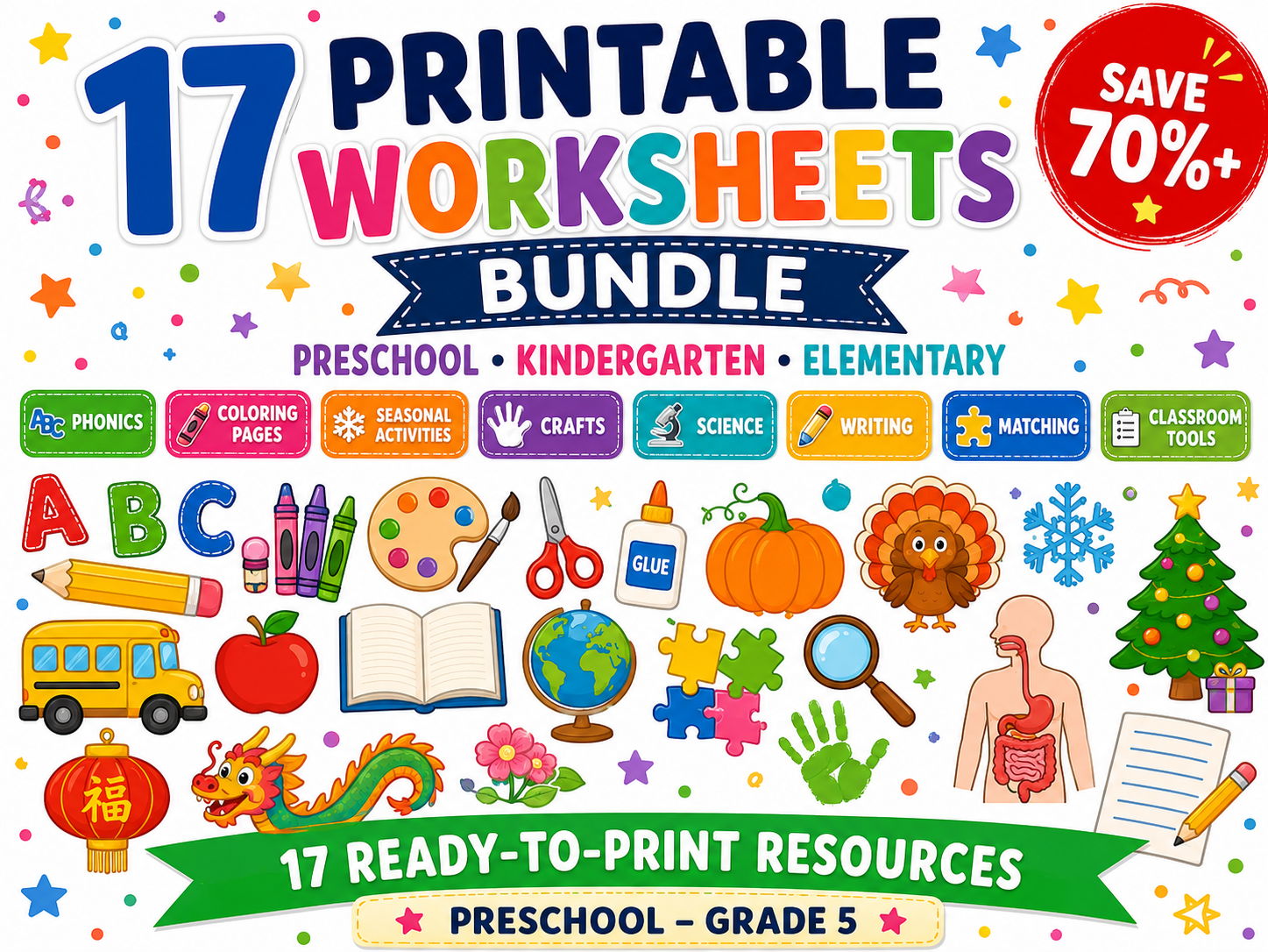 Printable Worksheets Bundle | Preschool, Kindergarten & Elementary Activities | Seasonal Crafts, Coloring Pages, Phonics & Classroom Printables
