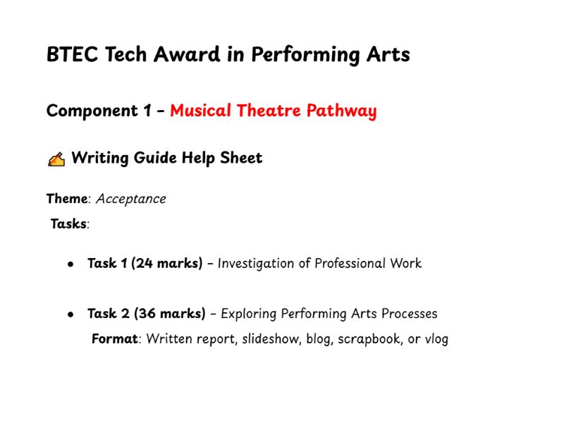BTEC PA - Musical Theatre Component 1 Writing Guide (SEND-Friendly)