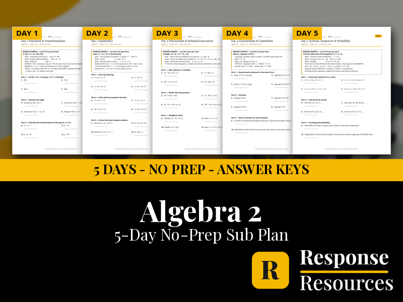Algebra 2 Emergency Sub Plans - 5 Days No Prep Self-Checking Worksheets